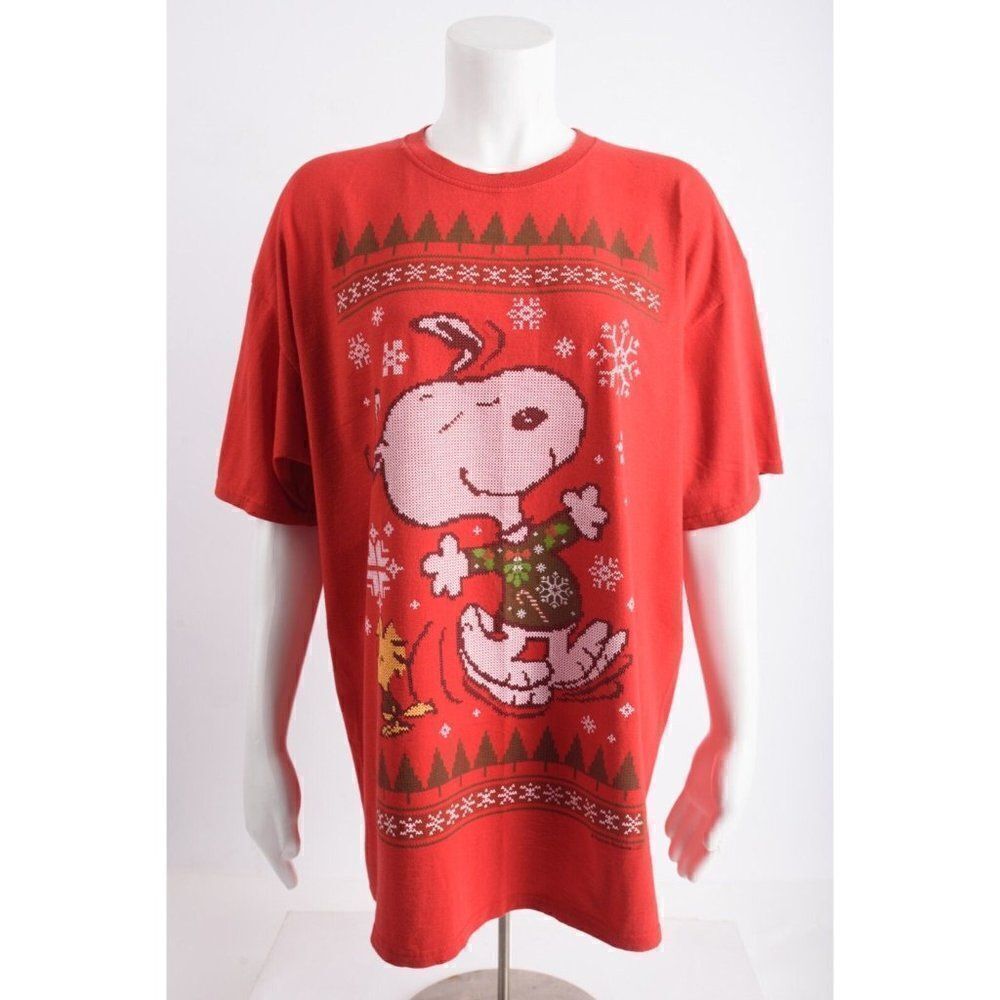 Peanuts Mens Snoopy Christmas Holiday T-Shirt Shirt XL Red Woodstock snowflakes